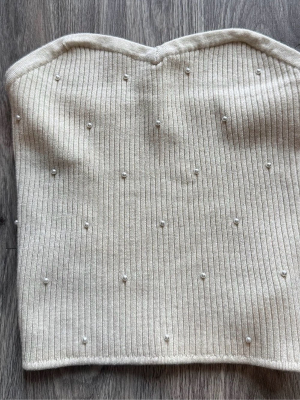 aerie Cream Strapless Ribbed Pearl-Accent Crop Top